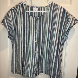 Liz Claiborne Blue and Green Striped Button-Down Shirt linen cotton EUC size S